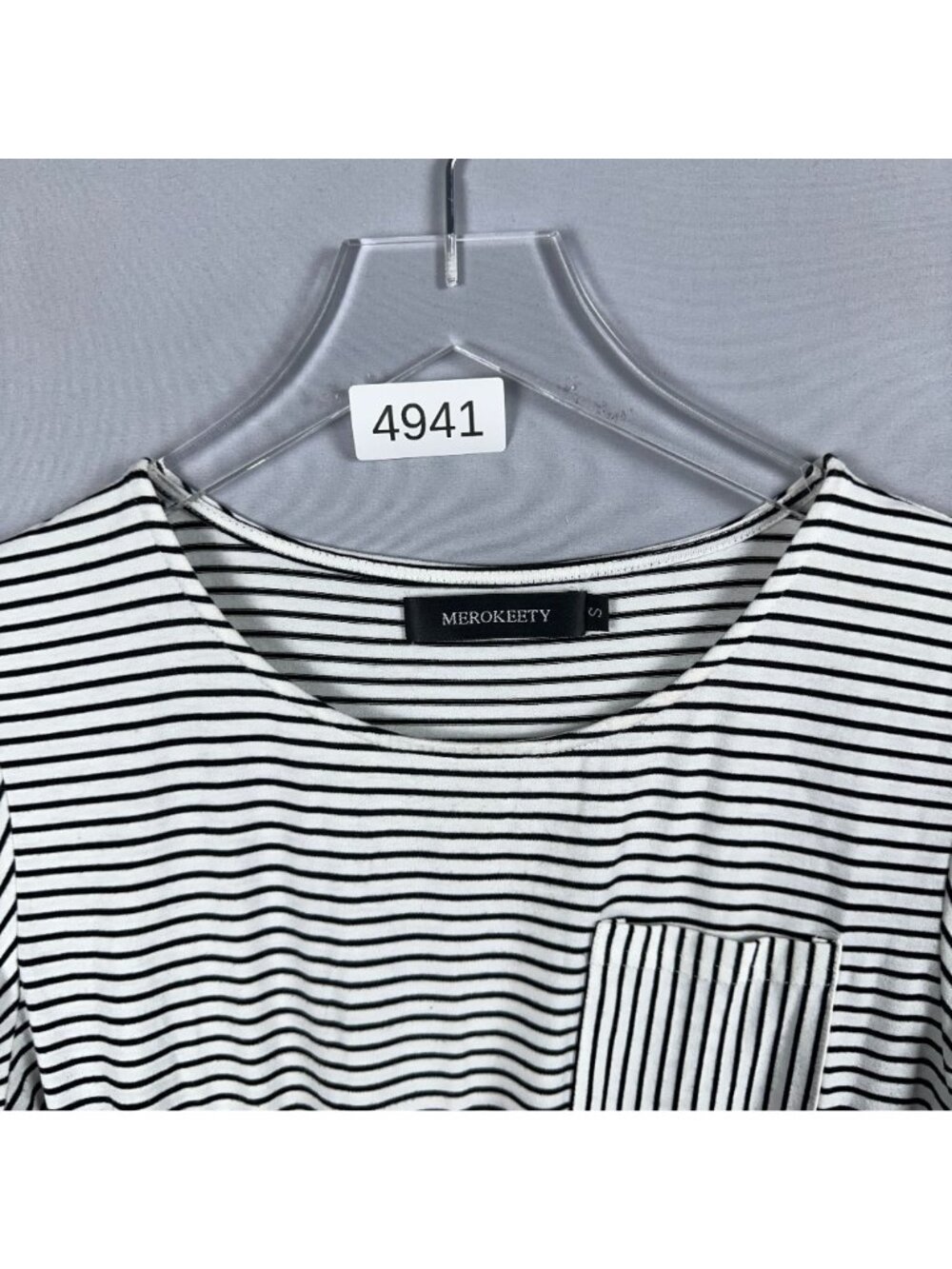 Merokeety Dress Size Small Black White Striped Midi 3/4 Sleeves Chest Pocket - Picture 12 of 12